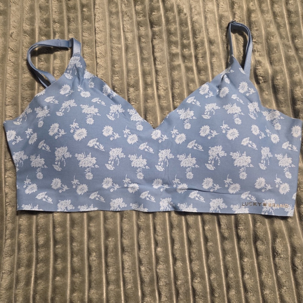 Lucky Brand Seamless Bralette L Blue White Floral Wire-Free Bra Comfort RN 71222